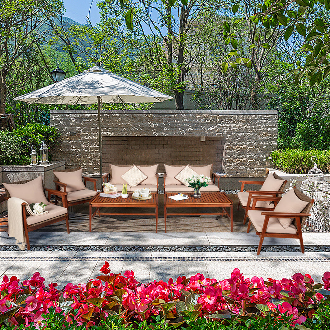 Gymax 8PCS Outdoor Furniture Set Patio Conversation Set  w/ Wood Frame Cushion