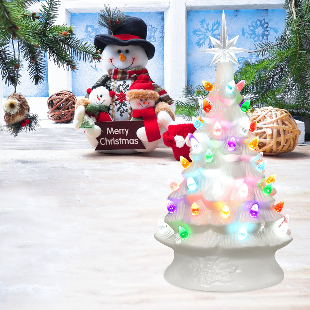 Gymax 14 inches Pre-Lit Ceramic Hand-Painted Christmas Tree Tabletop Xmas Decoration