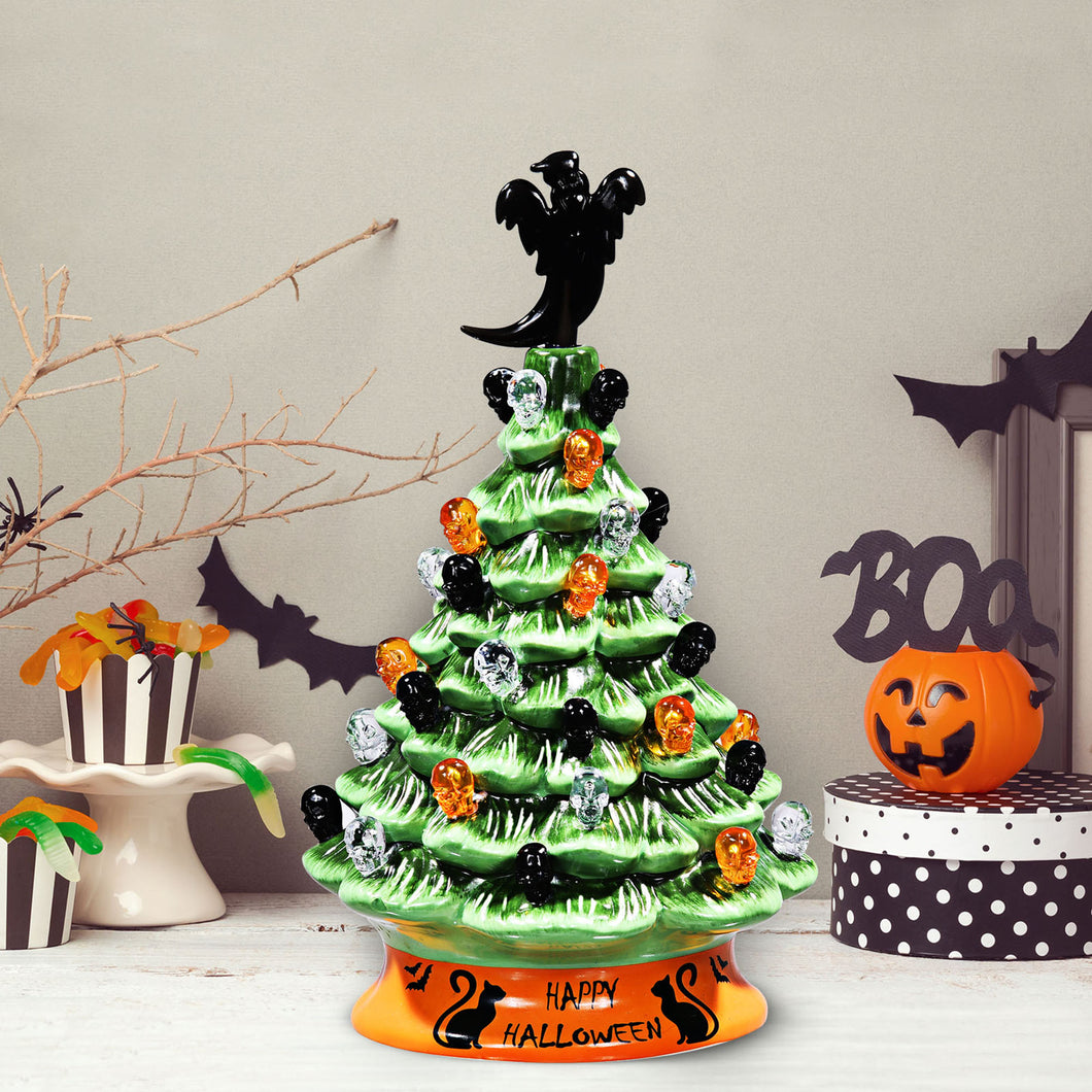 Gymax 11.5 inches Pre-Lit Hand-Painted Ceramic Halloween Tree Tabletop Xmas Decor