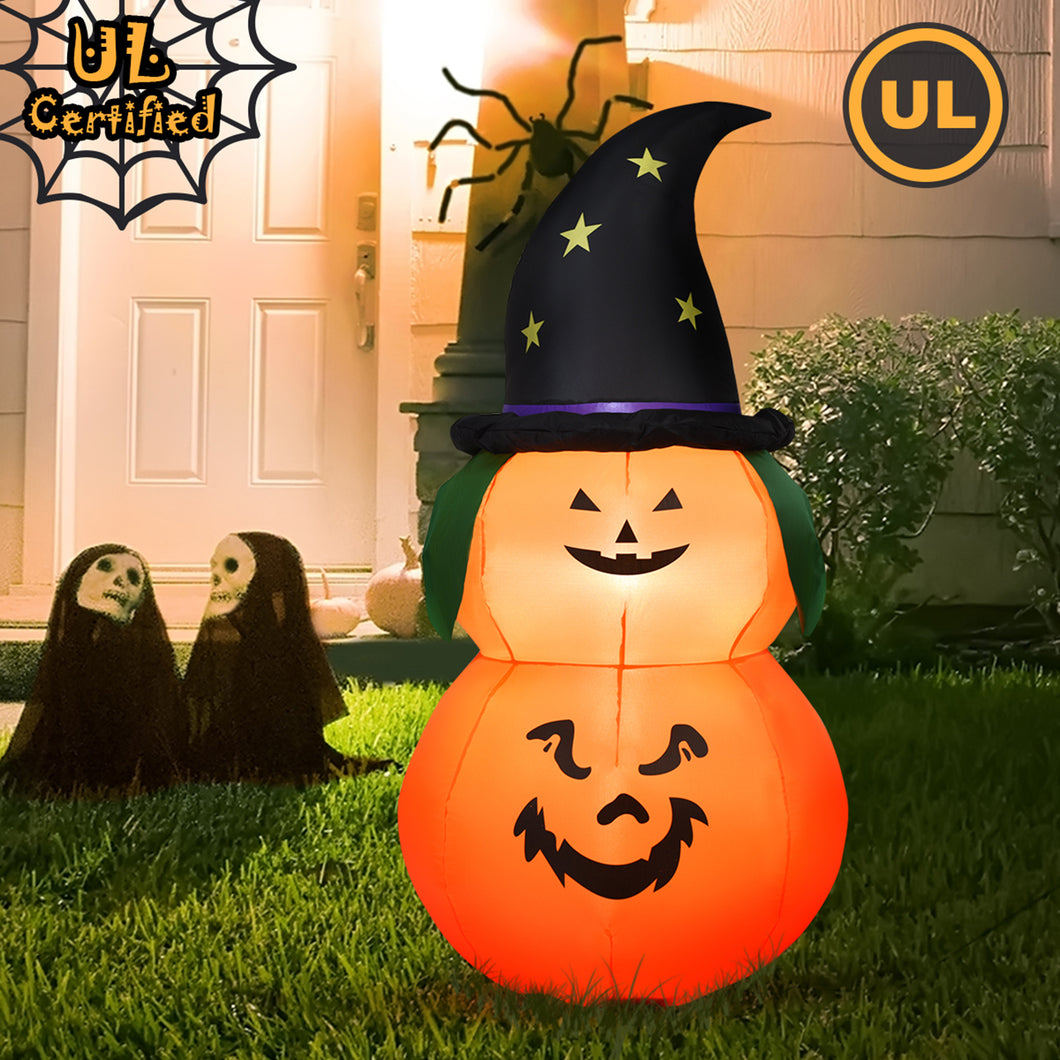 Gymax 5ft Inflatable Halloween Pumpkin Decoration w/ LED Light Witch Hat