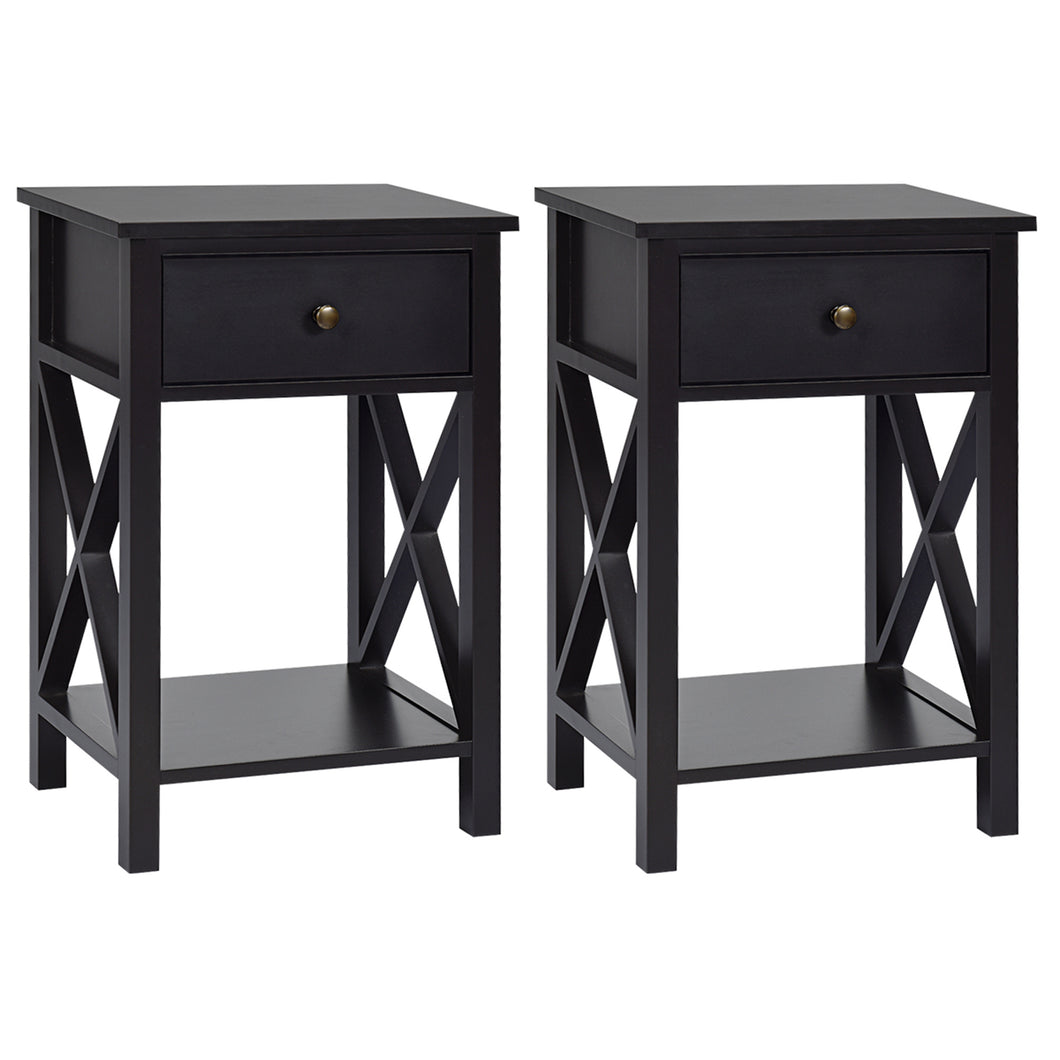 Gymax Set of 2 Nightstand Sofa Side End Table X-Design w/ Shelf Drawer Brown