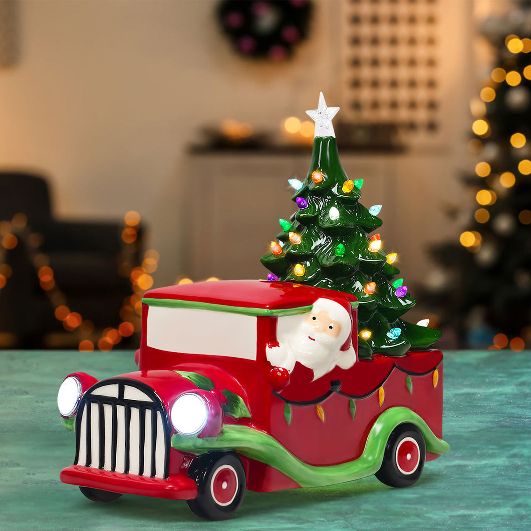 Gymax Pre-Lit Red Truck Christmas Decoration Vintage Ceramic Tree and Truck