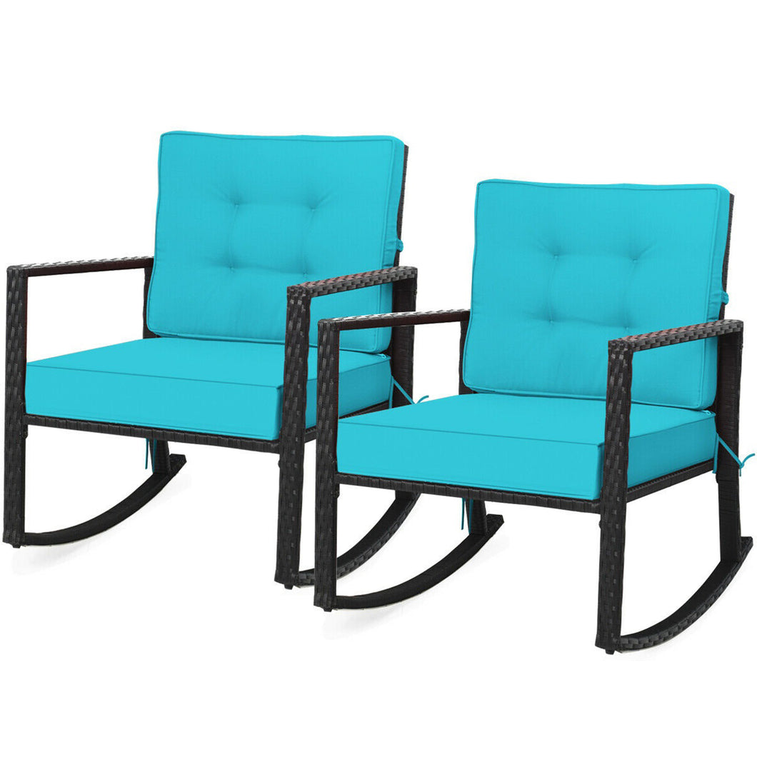 Gymax 2PCS Outdoor Wicker Rocking Chair Patio Rattan Single Chair Glider w/ Turquoise Cushion