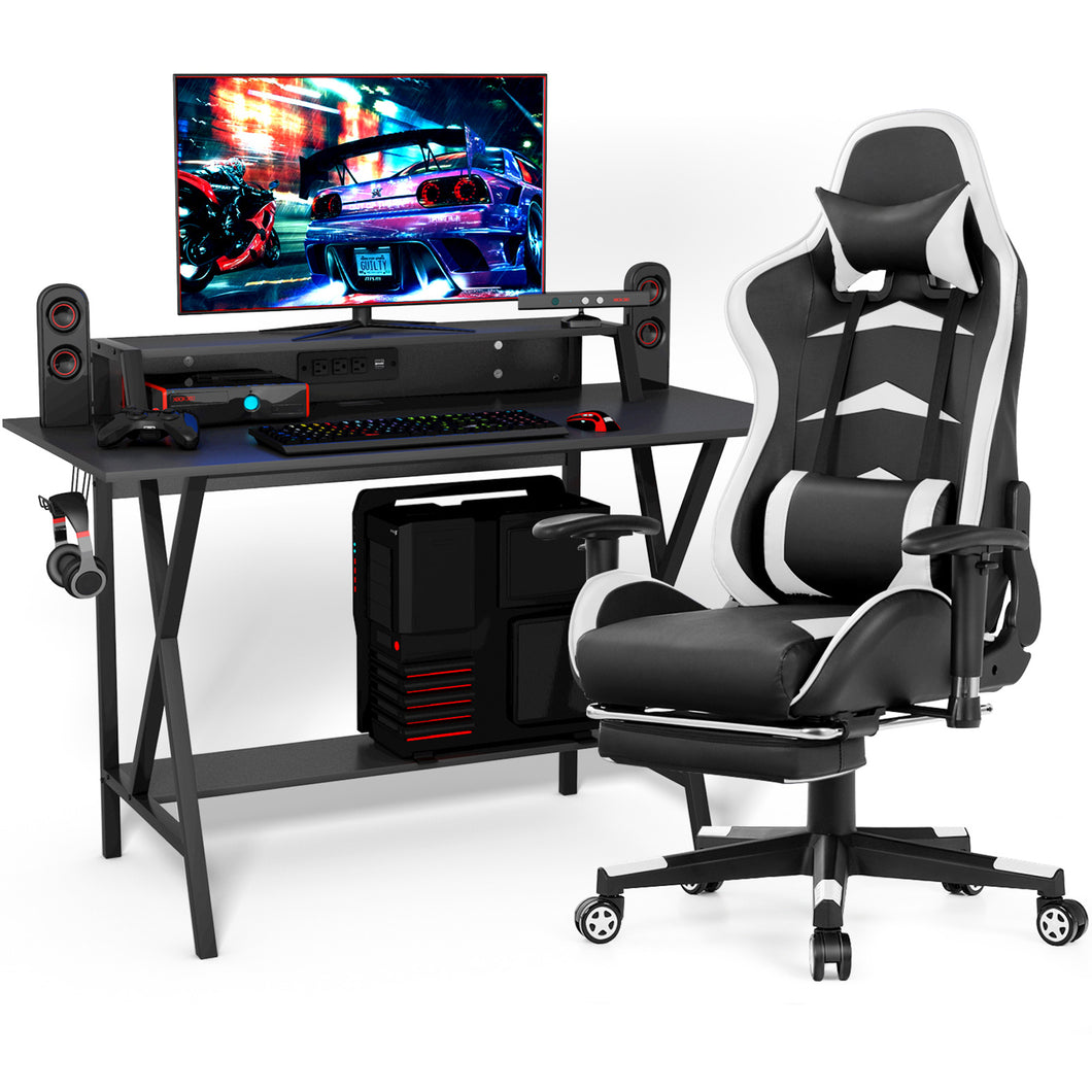 Gymax Gaming Desk&Massage Gaming Chair Set w/ Footrest Monitor Shelf Power Strip White