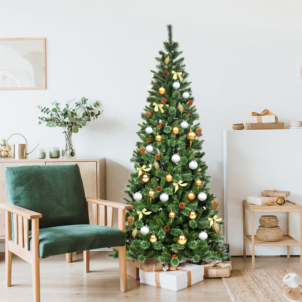 Gymax 8Ft Christmas Tree Artificial Hinged Tree w/ Pine Cones Metal Stand