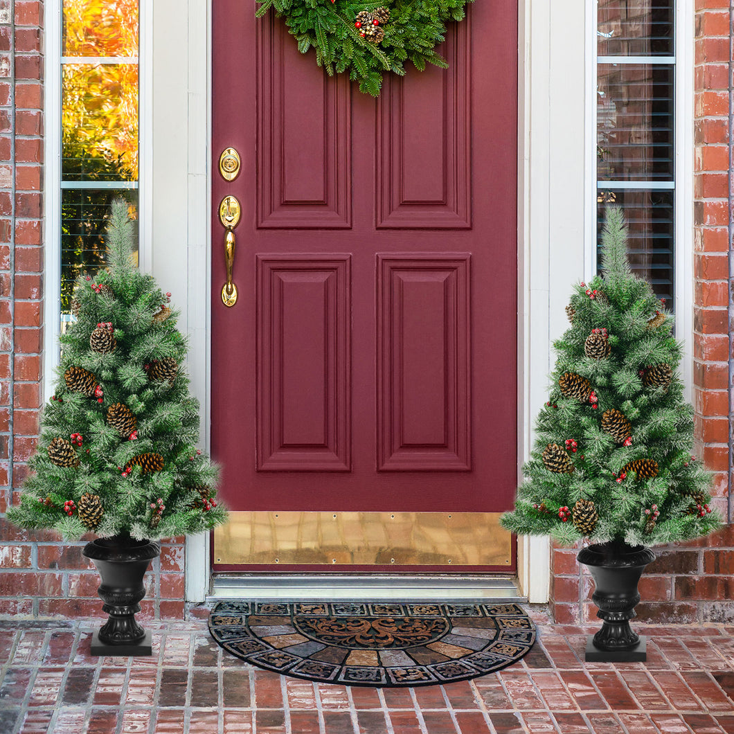 Gymax 2PCS 4FT Pathway Christmas Tree Artificial Xmas Tree w/ Pine Cones Red Berries