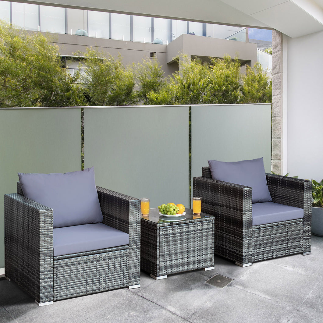 Gymax 3PCS Rattan Patio Conversation Set Outdoor Furniture Set w/ Table Cushion