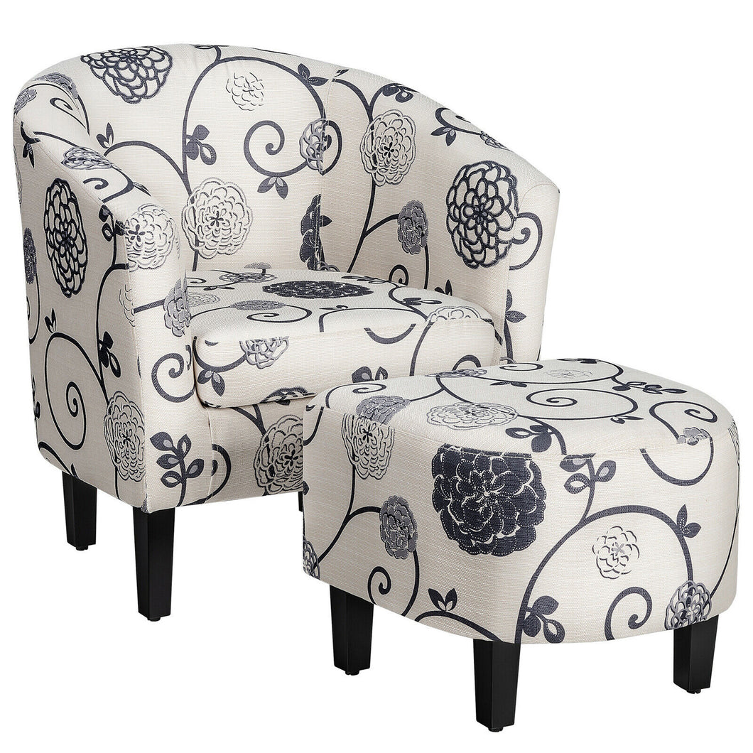 Gymax Modern Accent Tub Chair&Ottoman Set Fabric Upholstered Club Chair Grey Floral