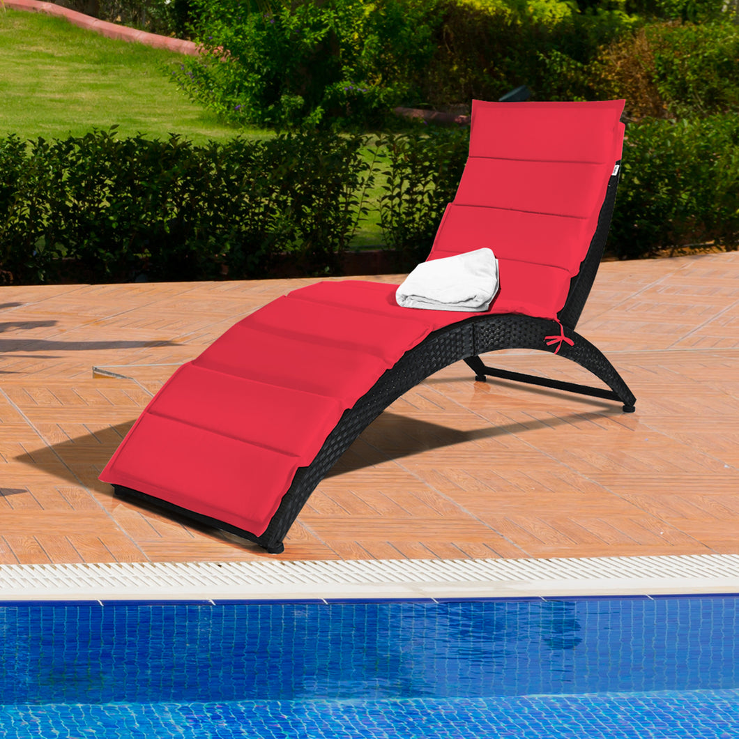Gymax Foldable Rattan Wicker Chaise Lounge Chair w/ Red Cushion Patio Outdoor