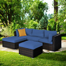 Load image into Gallery viewer, Gymax 5PCS Rattan Patio Conversation Set Outdoor Furniture Set w/ Ottoman Navy Cushion
