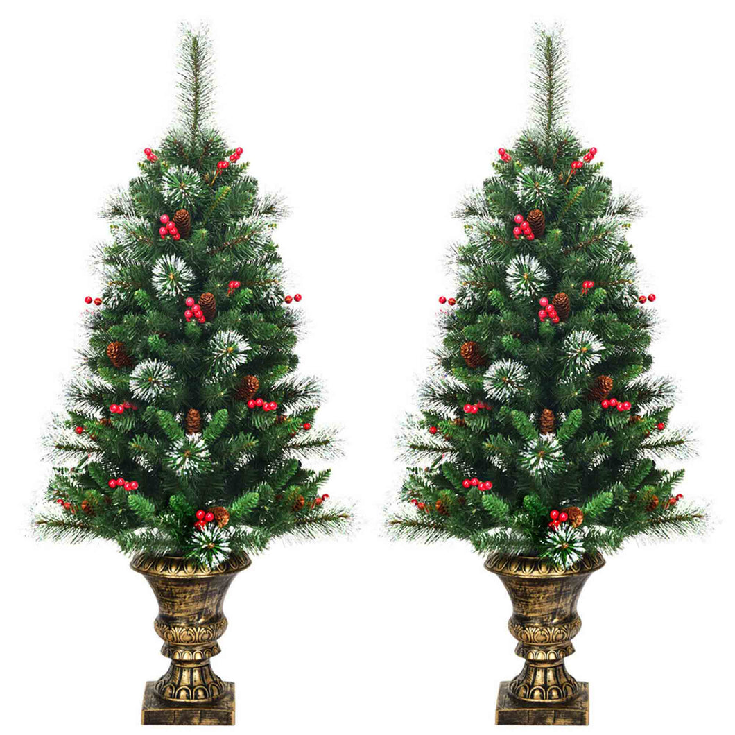 Gymax 2PCS 4FT Pathway Christmas Tree Artificial Xmas Tree w/ Red Berries Pine Cones