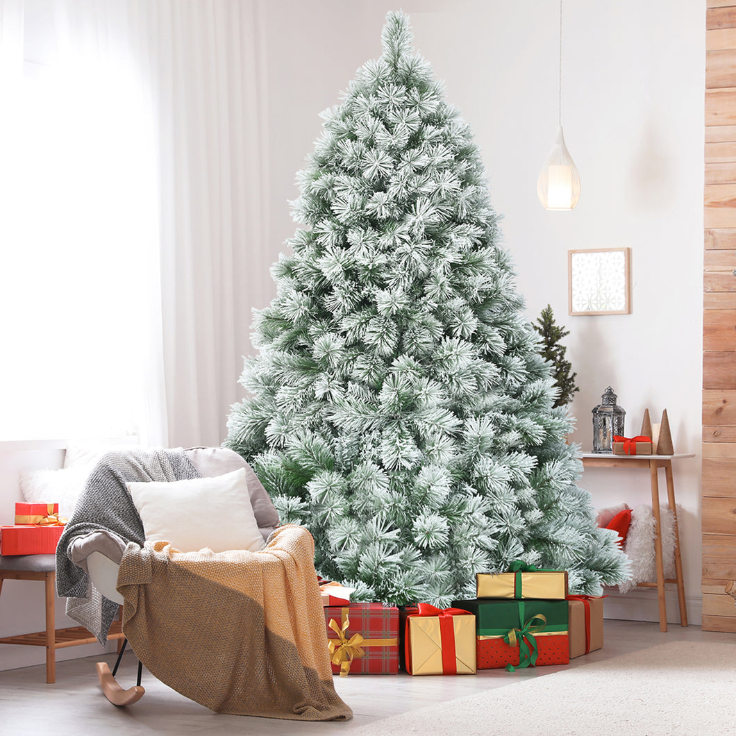 Gymax 7FT Snow Flocked Artificial Christmas Tree Hinged Pine Tree w/ Metal Stand