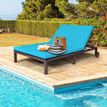 Load image into Gallery viewer, Gymax Adjustable Patio Rattan 2 Person Recliner Lounge Chair w/ Turquoise Cushion Wheel
