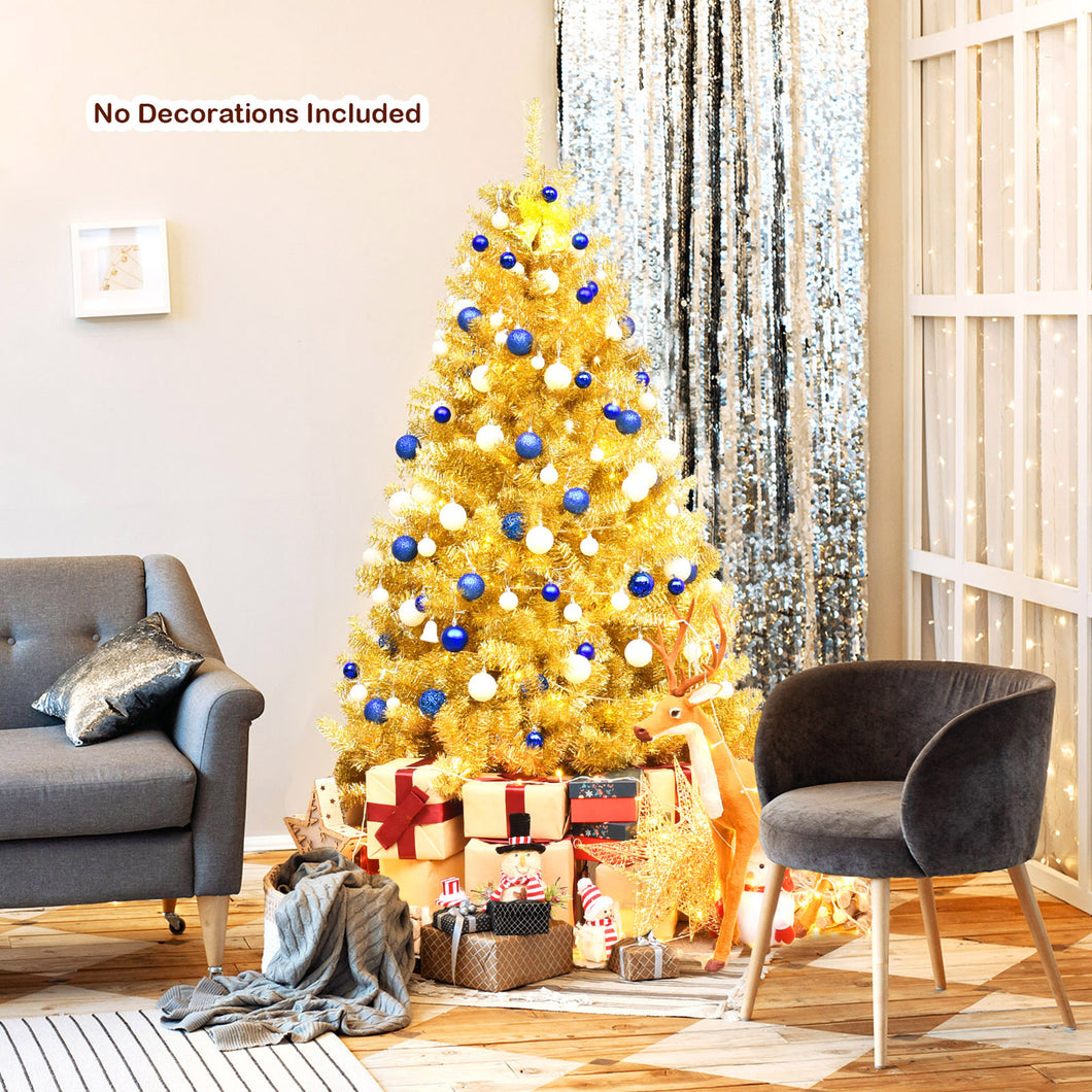Gymax 6FT Tinsel Christmas Tree Artificial Hinged w/ Metal Stand Champagne Gold