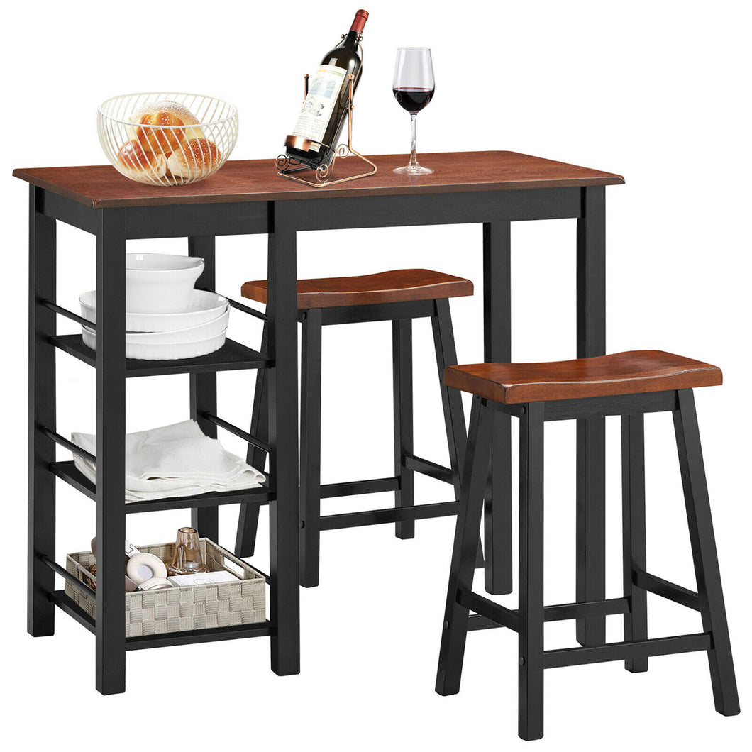 Gymax 3-Piece Counter Height Dining Table Set w/2 Saddle Stools&Storage Shelves Walnut