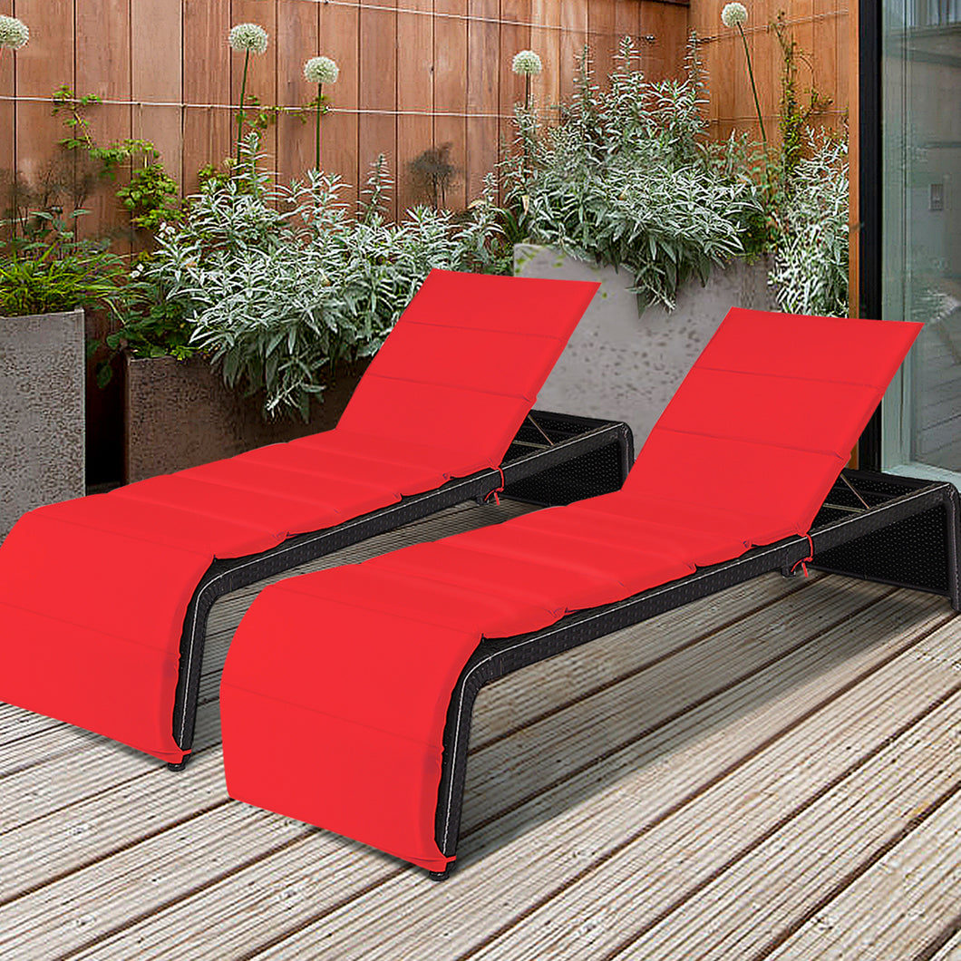 Gymax Set of 2 Adjustable Rattan Patio Recliner Chaise Lounge Chair w/ Red Cushion