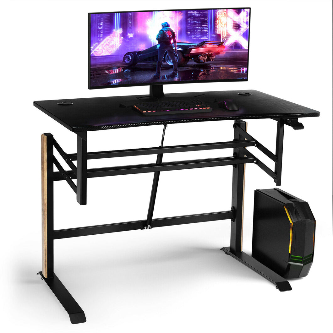 Gymax Pneumatic Height Adjustable Gaming Desk T Shaped Game Station w/Power Strip Tray