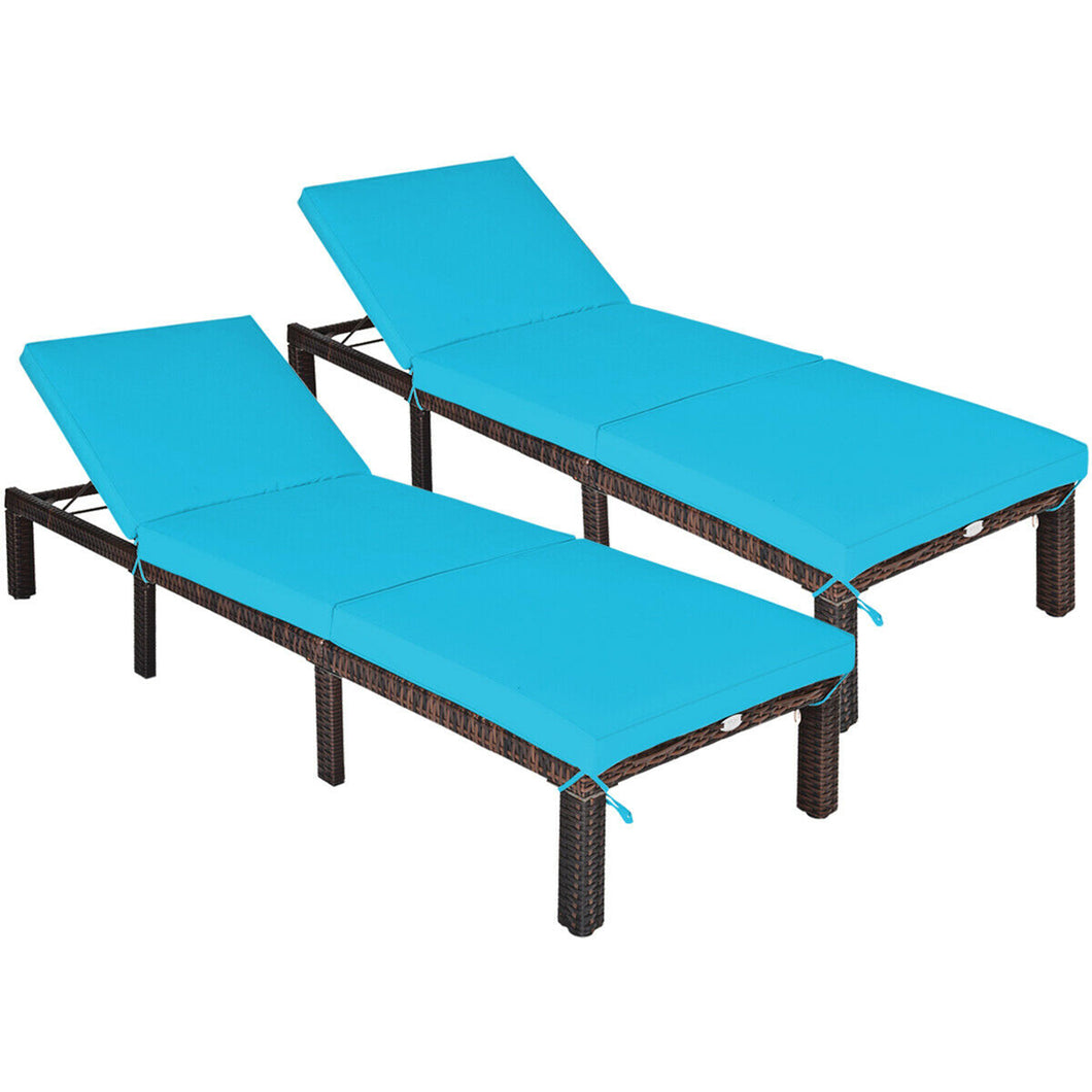 Gymax 2PCS Adjustable Patio Rattan Chaise Lounge Chair Recliner Outdoor w/ Turquoise Cushion