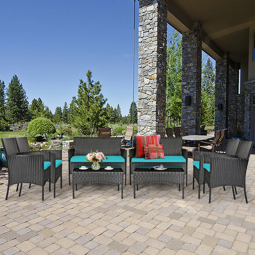 Gymax 8PCS Outdoor Furniture Set Patio Rattan Conversation Set w/ Turquoise Cushion