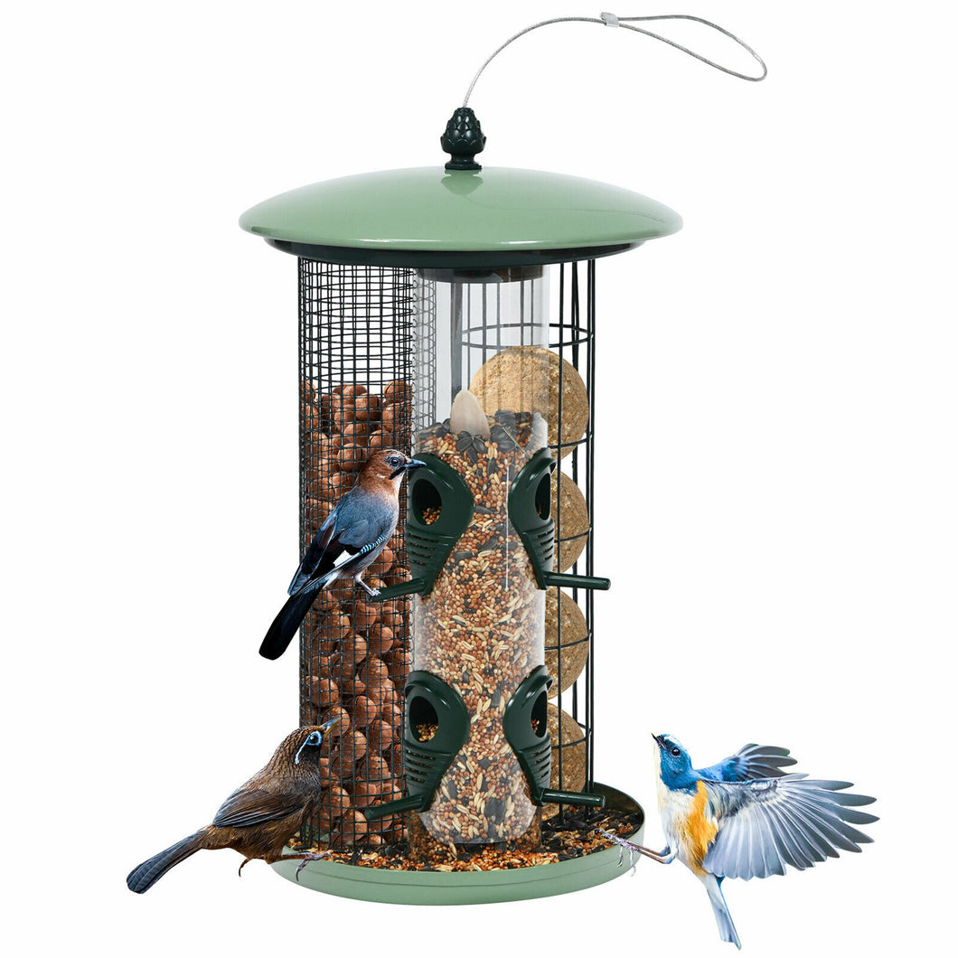Gymax 3-in-1 Metal Hanging Wild Bird Feeder Outdoor w/ 4 Feeding Ports & Perches