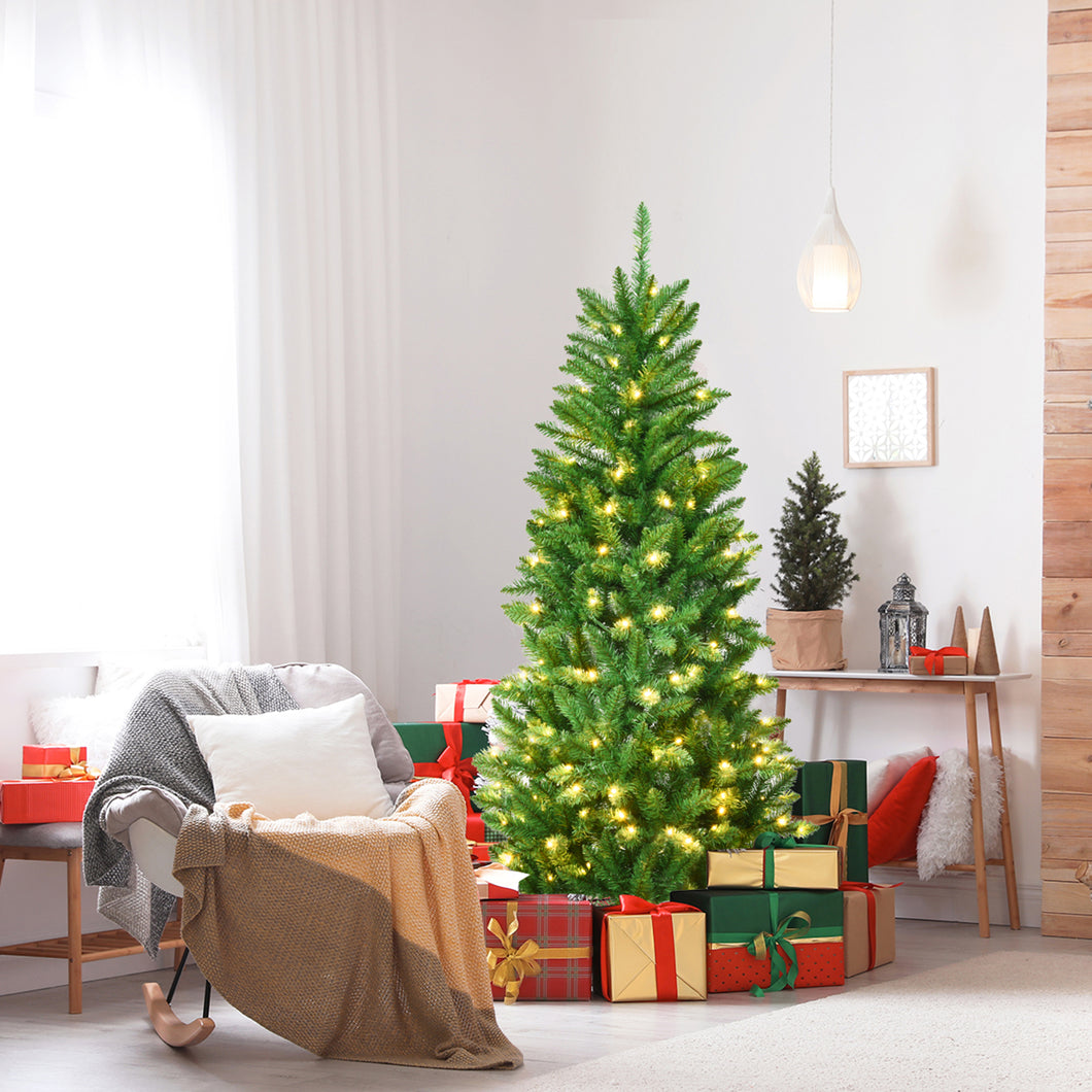 Gymax 5 ft Pre-lit Pencil Christmas Tree Hinged Fir Tree Holiday Decor w/ LED Lights