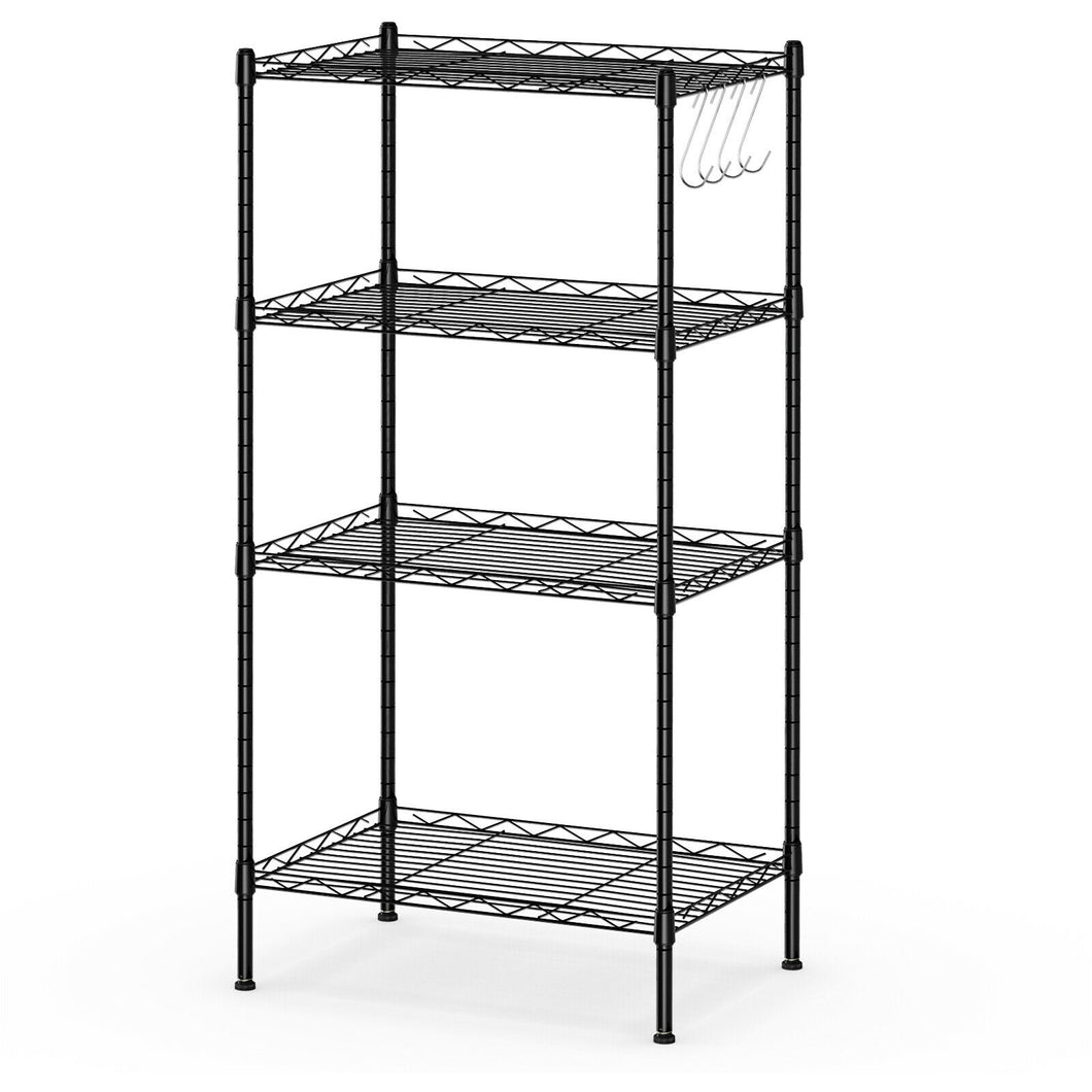 Gymax 4-Wire Shelving Metal Storage Rack Adjustable Shelves w/Removable Hooks Black/Silver