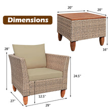 Load image into Gallery viewer, Gymax 3PCS Patio Cushioned Conversation Furniture Set w/ Wooden Table Top &amp; Feet
