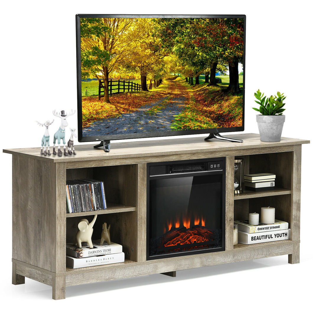 Gymax 58'' 2-Tier Fireplace TV Stand W/18'' 1400W Electric Fireplace 65'' Grey