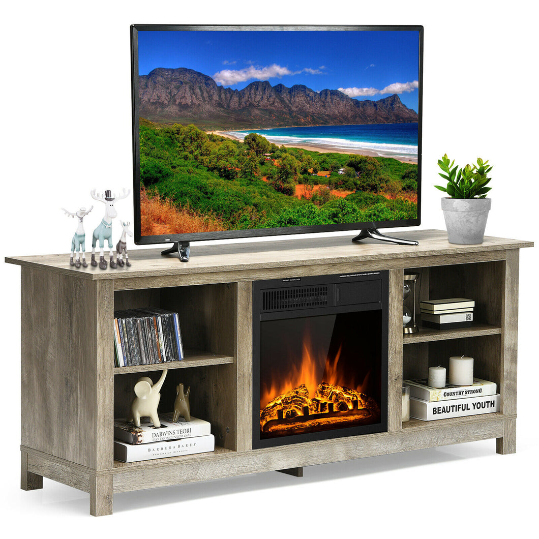 Gymax 58'' 2-Tier Fireplace TV Stand W/18'' 1500W Electric Fireplace 65'' Grey