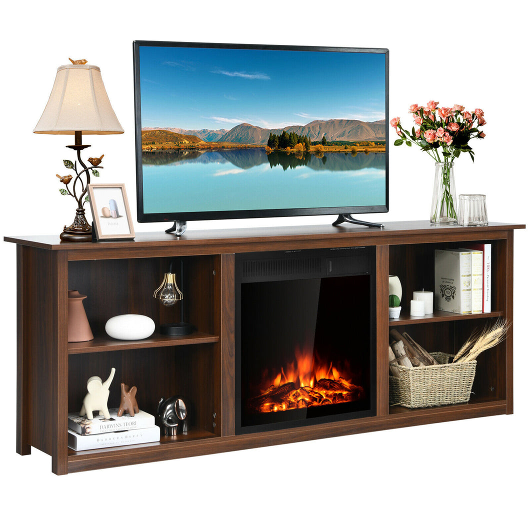 Gymax 70'' 2-Tier TV Fireplace Stand w/22.5'' Electric Fireplace Up to 75'' Walnut
