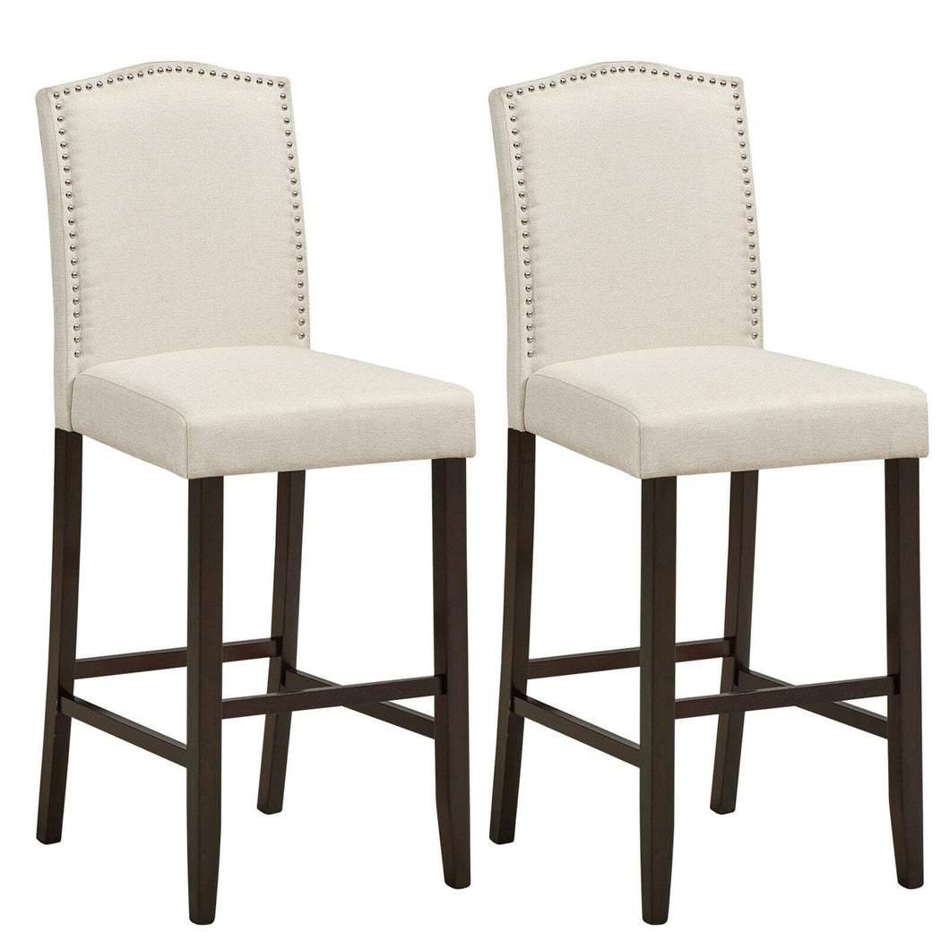 Gymax Set of 2 Nailhead Bar Stools 29'' Bar Height with Rubber Wood Legs Beige