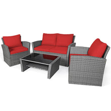 Load image into Gallery viewer, Gymax 4PCS Patio Rattan Conversation Set Outdoor Furniture Set w/ Red Cushions
