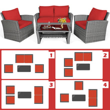 Load image into Gallery viewer, Gymax 4PCS Patio Rattan Conversation Set Outdoor Furniture Set w/ Red Cushions
