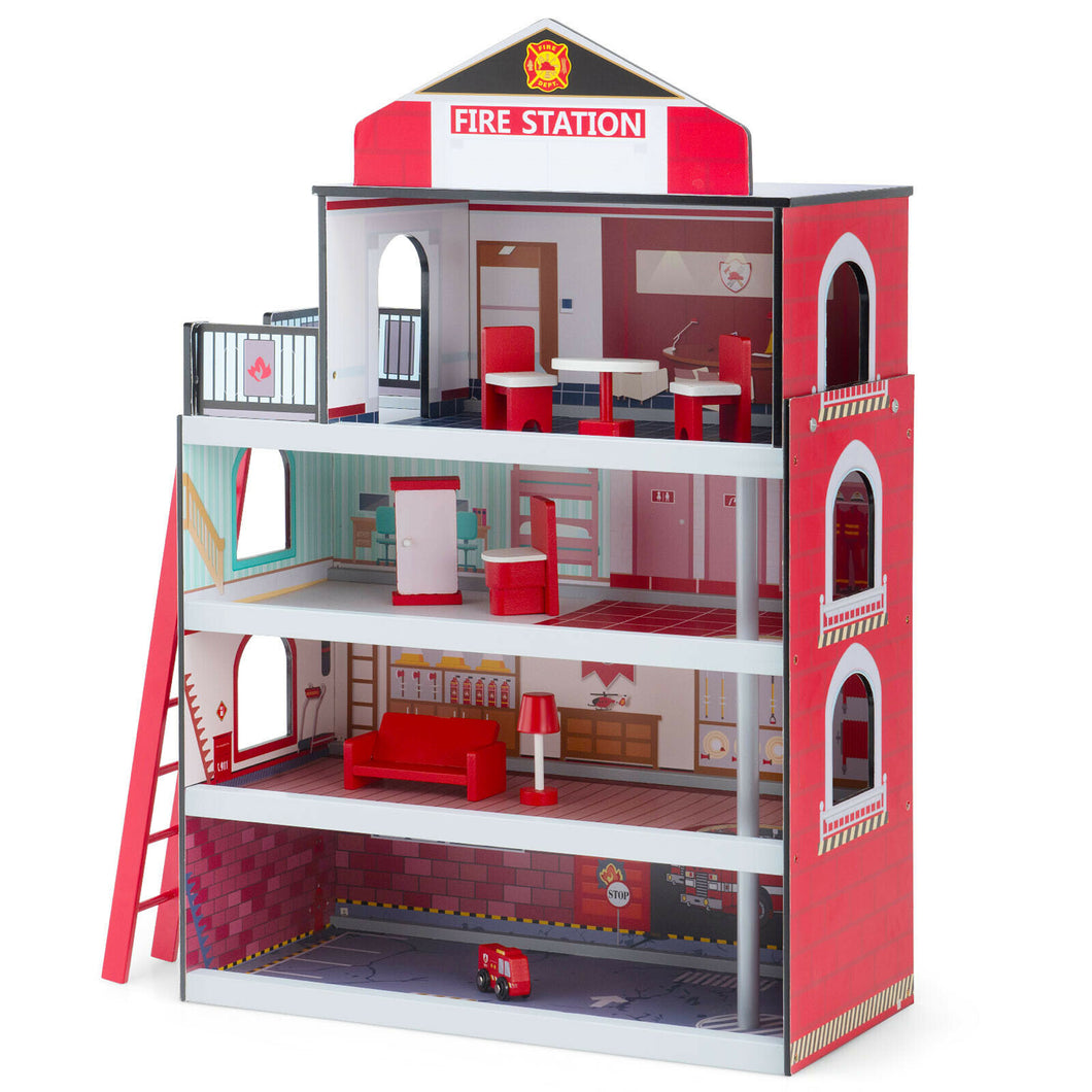 Gymax Fire Station Playset Wooden Dollhouse Fireman Toys w/ Truck & Helicopter