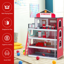 Load image into Gallery viewer, Gymax Fire Station Playset Wooden Dollhouse Fireman Toys w/ Truck &amp; Helicopter
