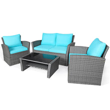 Load image into Gallery viewer, Gymax 4PCS Patio Rattan Conversation Set Outdoor Furniture Set w/ Turquoise Cushions

