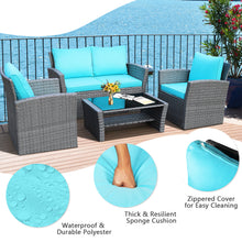 Load image into Gallery viewer, Gymax 4PCS Patio Rattan Conversation Set Outdoor Furniture Set w/ Turquoise Cushions
