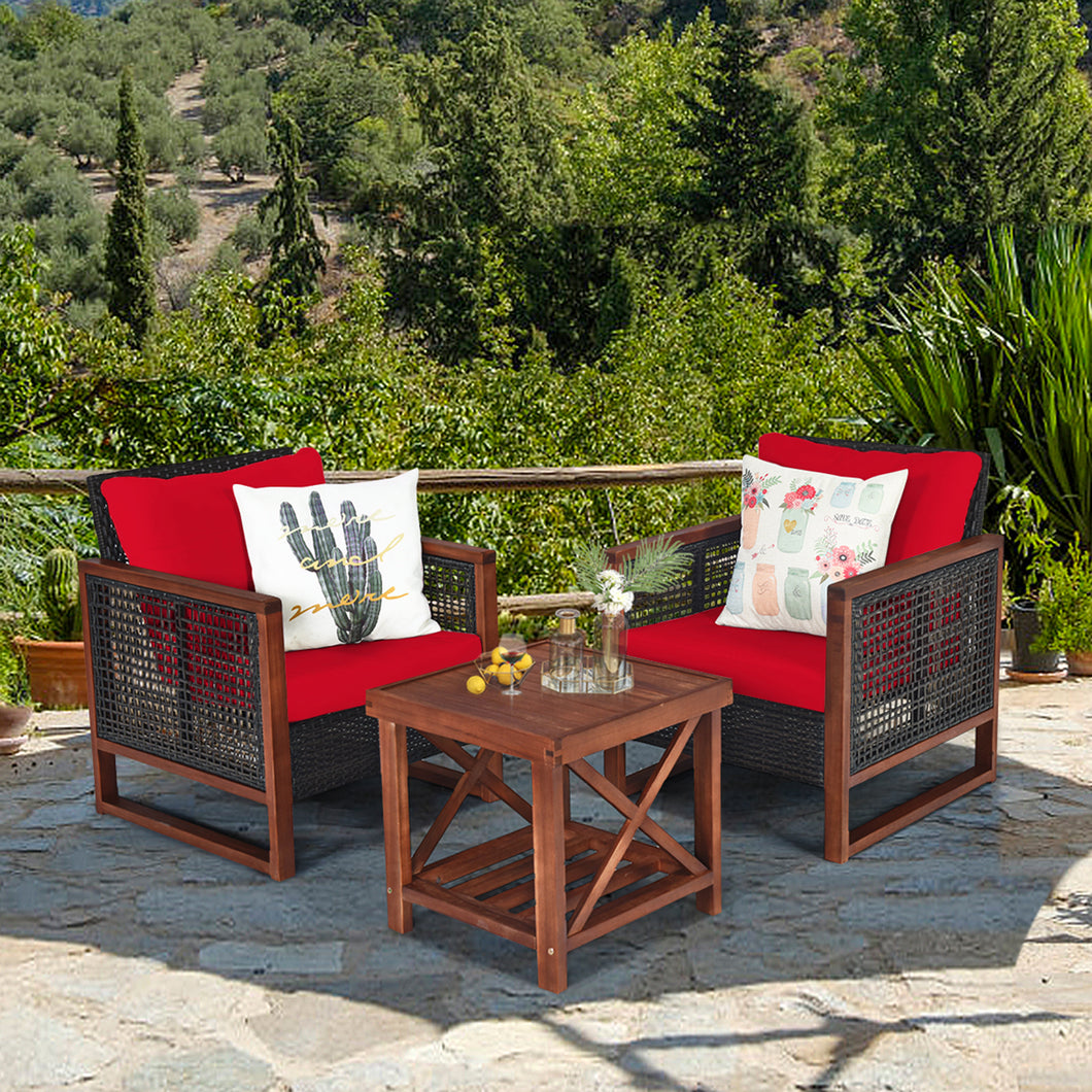 Gymax 3PCS Rattan Wicker Patio Conversation Set Outdoor Furniture Set w/ Red Cushion