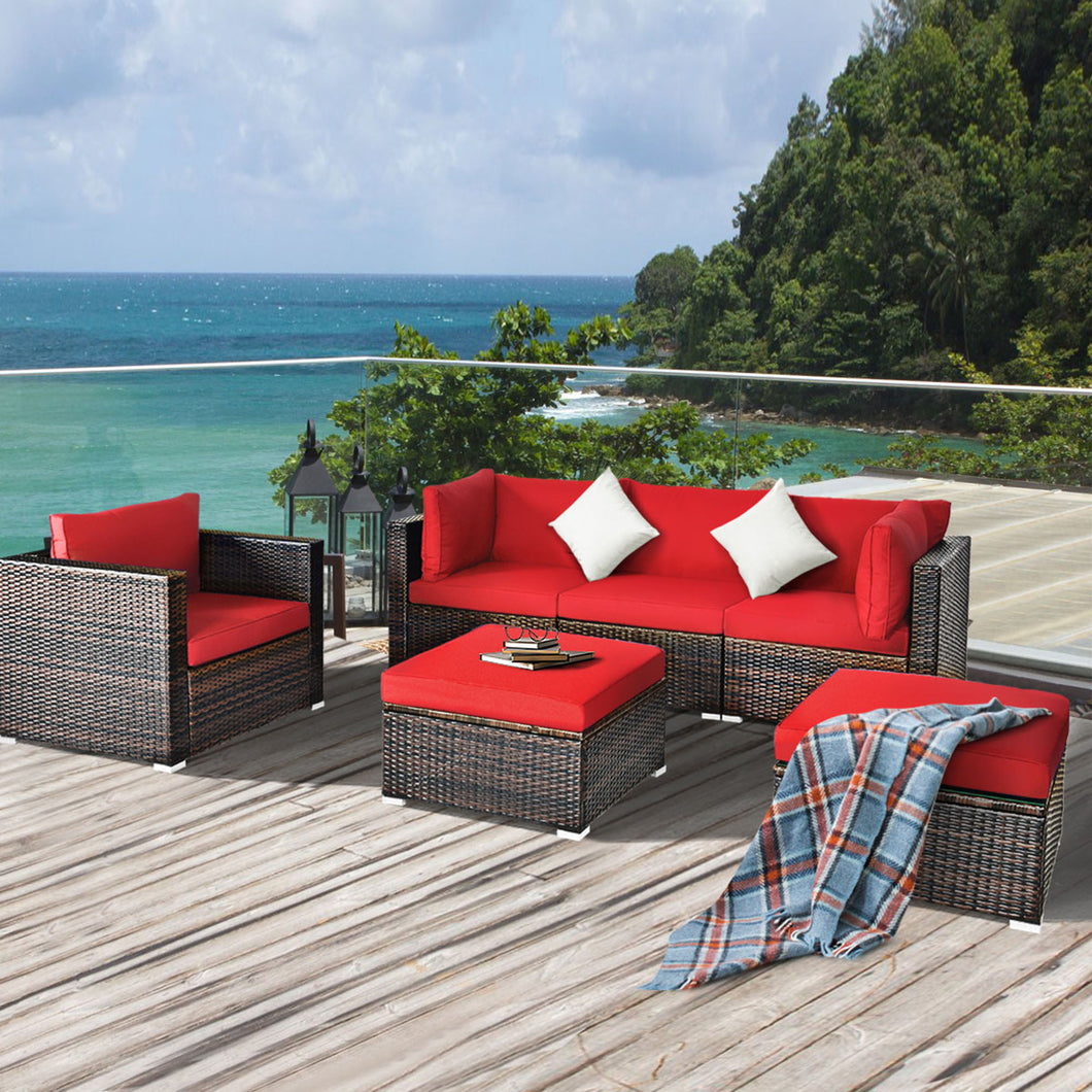 Gymax 6PCS Patio Conversation Set Rattan Sectional Furniture Set w/ Red Cushions