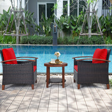 Load image into Gallery viewer, Gymax 3PCS Patio Wicker Rattan Conversation Set Outdoor Furniture Set w/ Red Cushion

