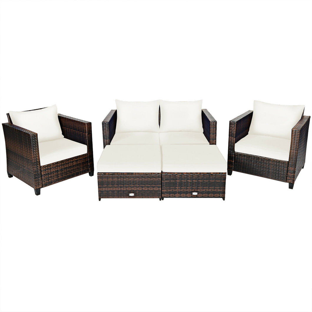 Gymax 5PCS Outdoor Patio Rattan Conversation Sofa Furniture Set w/ White Cushions