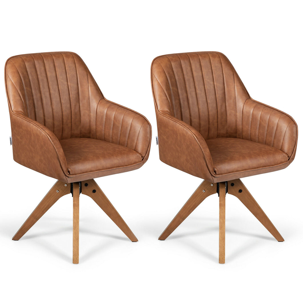 Gymax Set of 2 Mid Century Swivel Accent Chair PU Vanity Study Armchair Brown