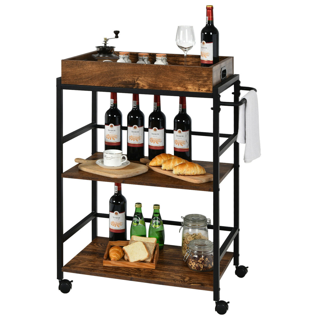 Gymax 3-Tier Rolling Bar Cart Kitchen Serving Cart w/ Removable Tray & Handle