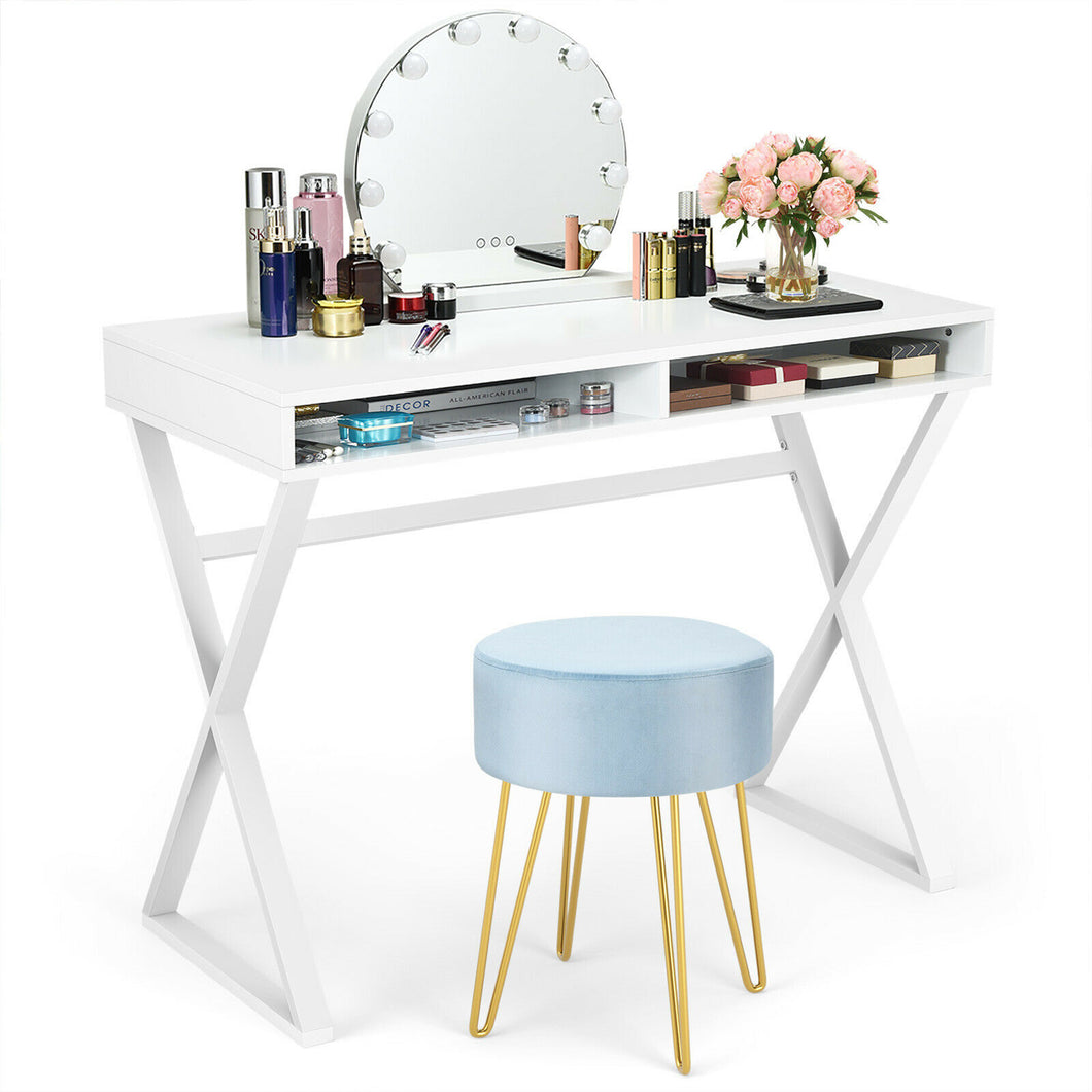 Gymax Vanity Table Set Writing Desk Makeup Table w/Round Velvet Ottoman Blue