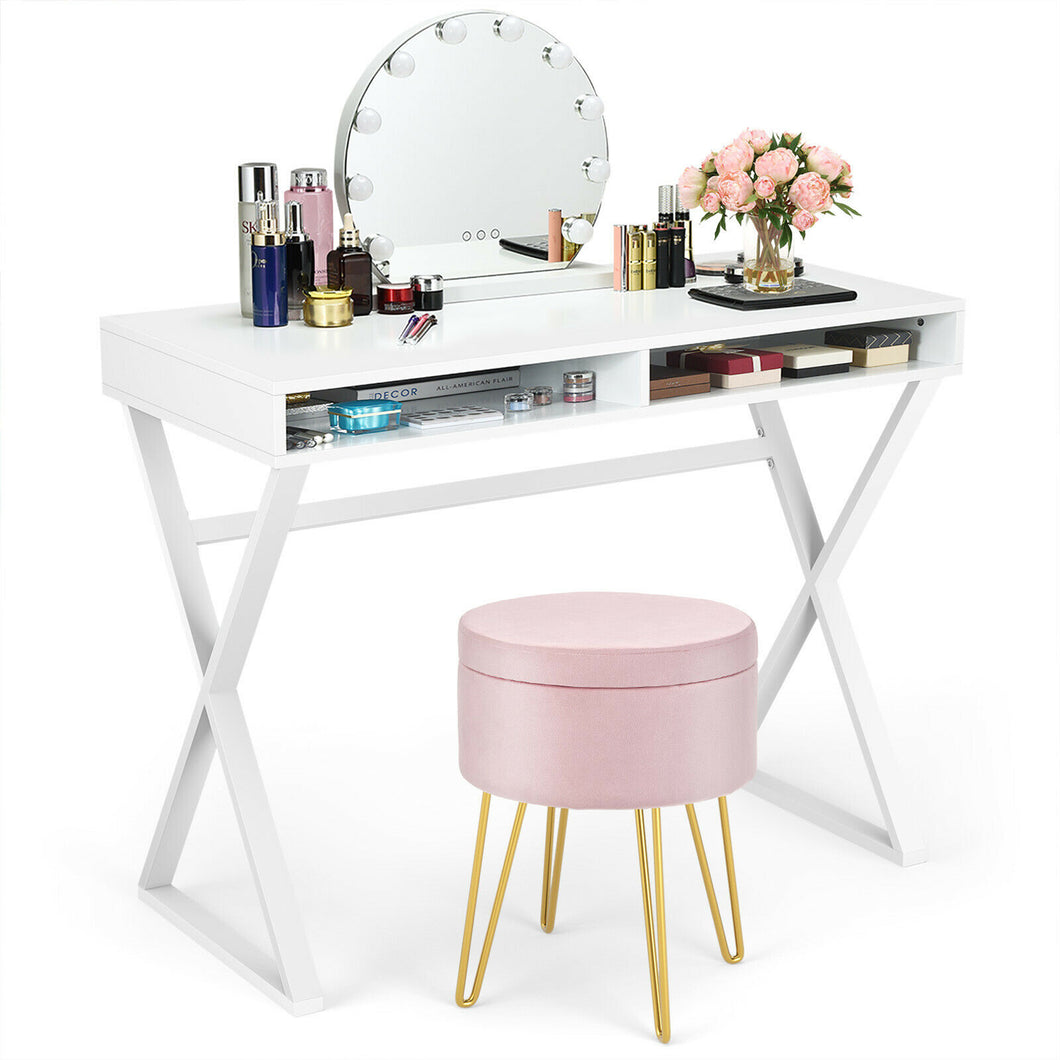 Gymax Vanity Table Set Writing Desk Makeup Table w/Round Storage Ottoman Pink