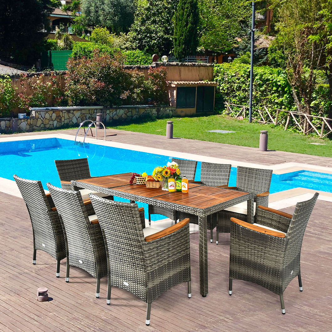 Gymax 9PCS Outdoor Dining Set Patio Acacia Wood and Rattan Furniture Set w/ Cushions