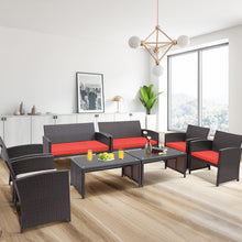 Load image into Gallery viewer, Gymax 8PCS Patio Conversation Set Outdoor Rattan Furniture Set w/ Red Cushions
