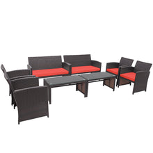 Load image into Gallery viewer, Gymax 8PCS Patio Conversation Set Outdoor Rattan Furniture Set w/ Red Cushions
