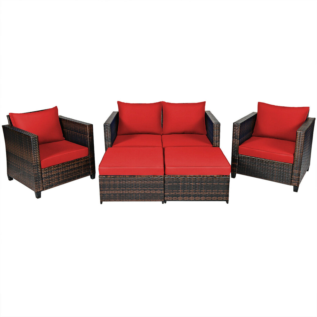 Gymax 5PCS Outdoor Patio Rattan Conversation Sofa Furniture Set w/ Red Cushions