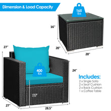 Load image into Gallery viewer, Gymax 3PCS Rattan Patio Conversation Furniture Set Outdoor w/ Turquoise Cushions
